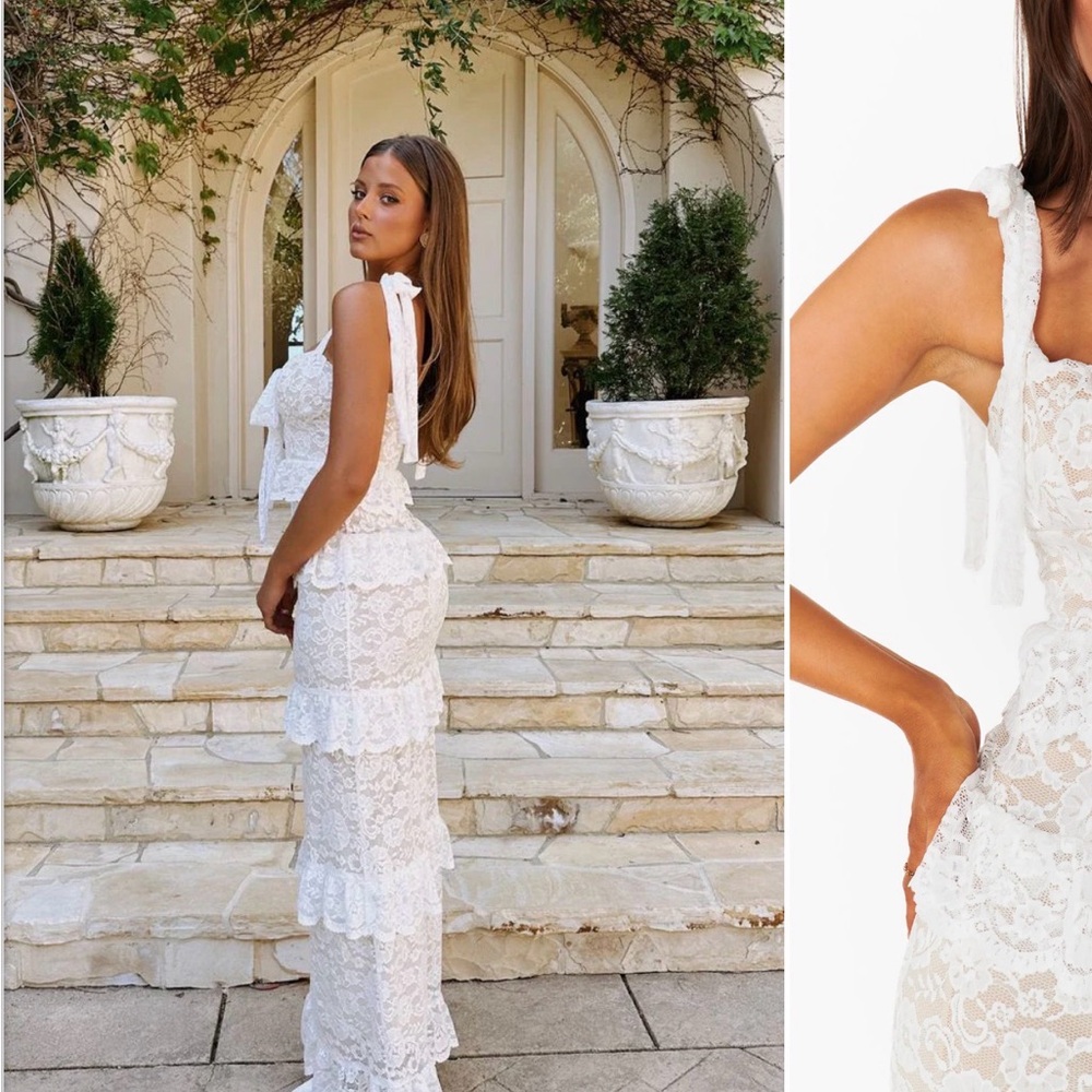 Show Me Your MuMu Monique Tie Maxi Dress- White Lace Tiered